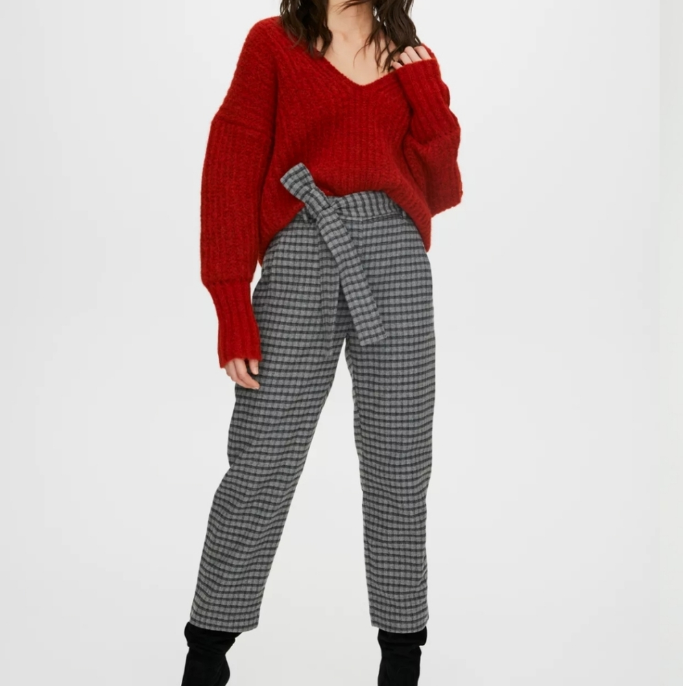 Aritzia Wilfred Tie-Front Wool Pant Check Plaid